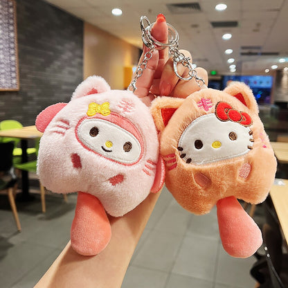 Sanrio Plush Keychain Hello Kitty MyMelody Kuromi Cinnamoroll Cartoon Animal Stuffed School Bag Pendant Backpack Decoration Doll