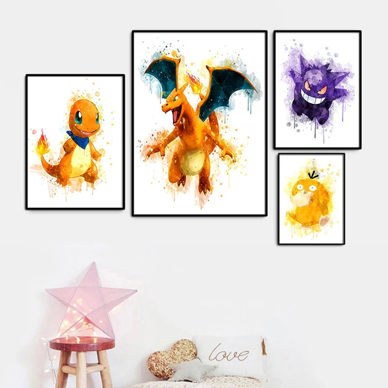 Japan Anime Peripherals Pokemon Pikachu Poster Mural Decoration Cartoon Wall Art Water Colours Canvas Painting Baby Kids Gifts