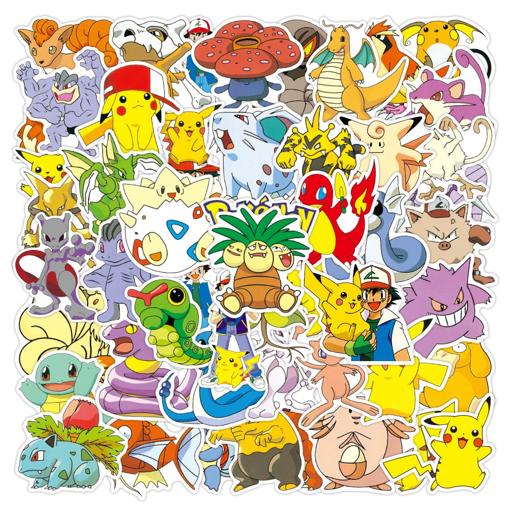 50pcs Kawaii Pokemon Anime Stickers Pikachu Stickers Laptop Suitcase Skateboard Guitar Phone Cartoon Stickers Kid Gift Toys