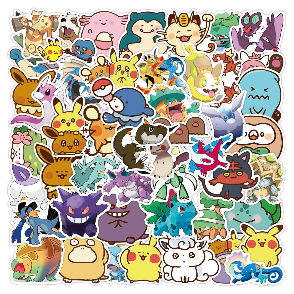 50pcs Kawaii Pokemon Anime Stickers Pikachu Stickers Laptop Suitcase Skateboard Guitar Phone Cartoon Stickers Kid Gift Toys