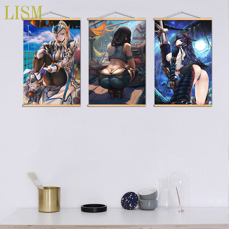 Monster Hunter Anime manga wall Poster solid wood hanging scroll with canvas painting