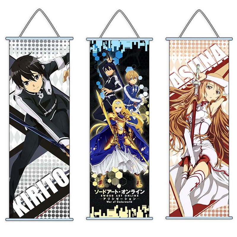 Game Sword Art Online Hanging Wall Painting Cartoon Figure SAO Kirito Yuuki Asuna Art Cloth Scroll Hanging Painting (70x30cm)