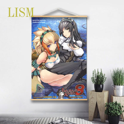 Monster Hunter Anime manga wall Poster solid wood hanging scroll with canvas painting