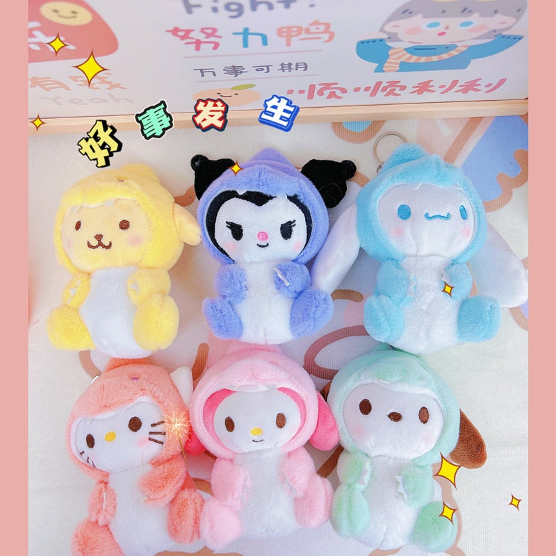 12Cm Sanrio Plush Keychain Hello Kitty Cinnamoroll My Melody Kuromi Small Dinosaur Series Kawaii Plush Toys Backpack Accessories