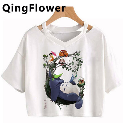 Japanese Spirited Away Hayao Miyazaki Anime Kawaii Print Women Harajuku Aesthetic Tshirt White Tops Anime Female T Shirt