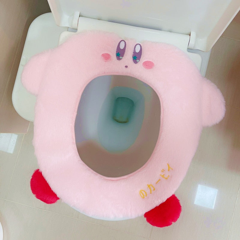 Kawaii Anime Star Kirby Cartoon Plush Winter Warm Toilet Seat Cover Mat Bathroom Toilet Pad Cushion Soft Washable Accessories