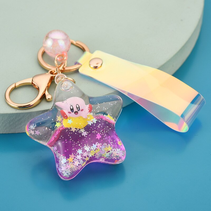 Anime Kawaii Cute Cartoon Kirby Model Toy Acrylic Moving Liquid Quicksand Five-pointed Star Pendant Keychain Holiday Gift