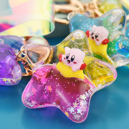 Anime Kawaii Cute Cartoon Kirby Model Toy Acrylic Moving Liquid Quicksand Five-pointed Star Pendant Keychain Holiday Gift