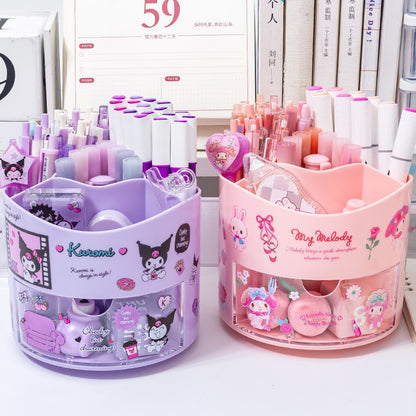 Sanrio Cartoon Rotating Pen Holder Kuromi Melody Cinnamoroll Kawaii Desktop Storage Box Stationery Shop Wholesale