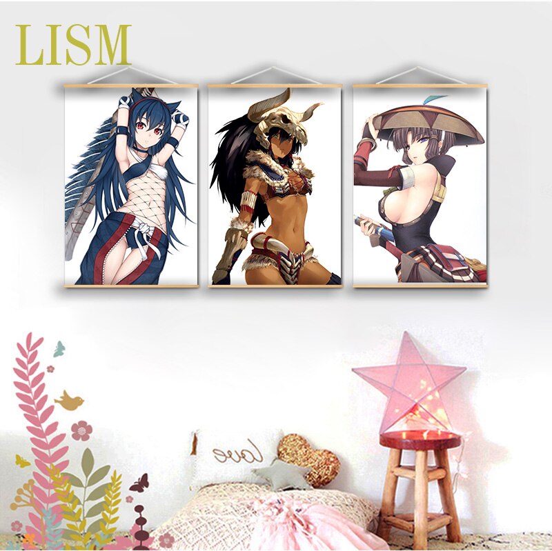 Monster Hunter Anime manga wall Poster solid wood hanging scroll with canvas painting