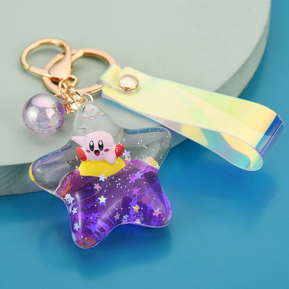 Anime Kawaii Cute Cartoon Kirby Model Toy Acrylic Moving Liquid Quicksand Five-pointed Star Pendant Keychain Holiday Gift