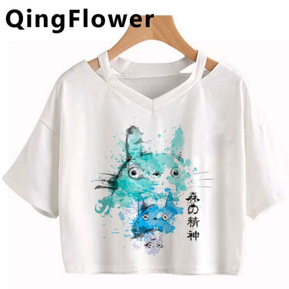 Japanese Spirited Away Hayao Miyazaki Anime Kawaii Print Women Harajuku Aesthetic Tshirt White Tops Anime Female T Shirt