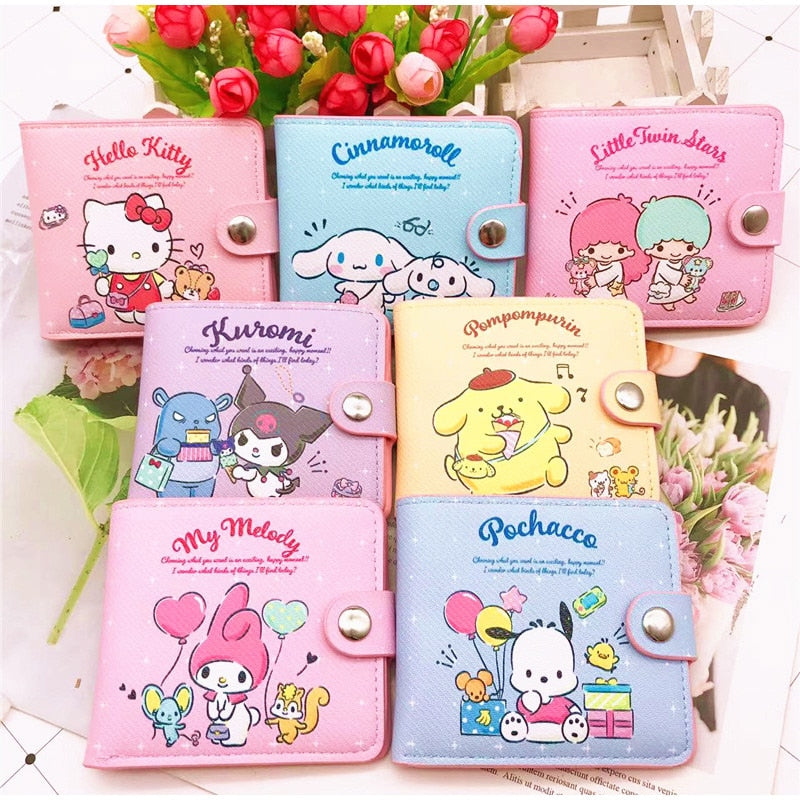 Sanrio Hello Kitty Pocketbook My Melody KT Cat Cinnamon Roll Pringle Kuromi PU Leather Wallet Cute Folding Card Bag Female Walle