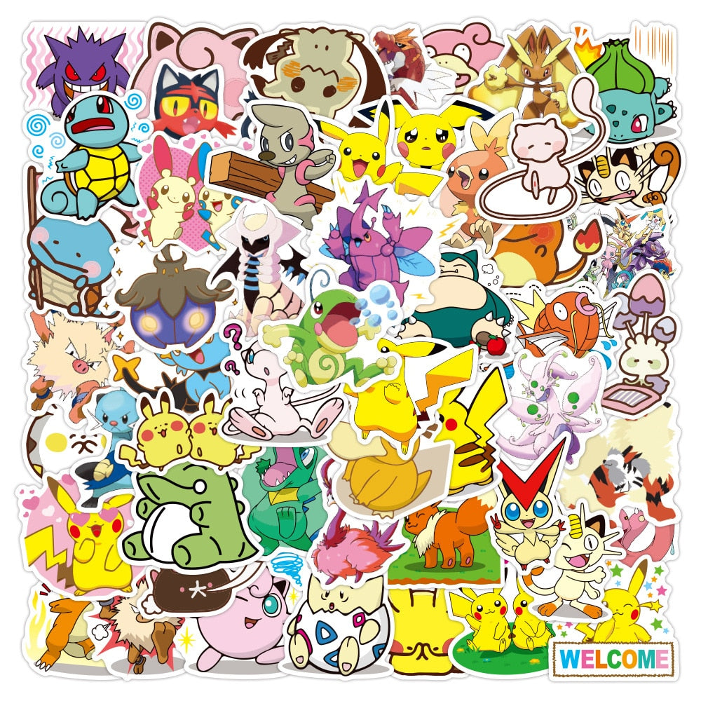 50pcs Kawaii Pokemon Anime Stickers Pikachu Stickers Laptop Suitcase Skateboard Guitar Phone Cartoon Stickers Kid Gift Toys