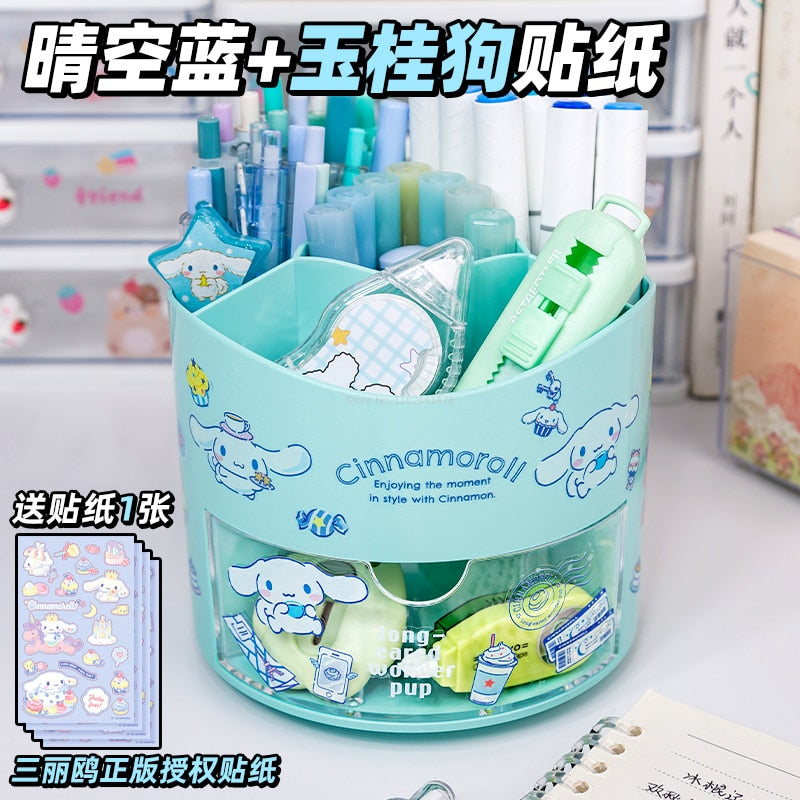 Sanrio Cartoon Rotating Pen Holder Kuromi Melody Cinnamoroll Kawaii Desktop Storage Box Stationery Shop Wholesale