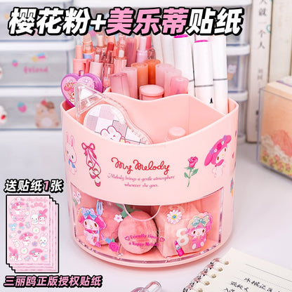 Sanrio Cartoon Rotating Pen Holder Kuromi Melody Cinnamoroll Kawaii Desktop Storage Box Stationery Shop Wholesale