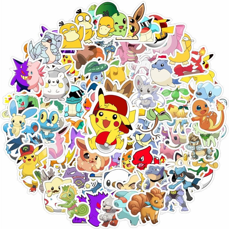 50/100PCS Pokemon Stickers Kids Stickers for Laptop Cute Anime Children's Pack Waterproof Cool Funny Suitcase Skateboard Classic