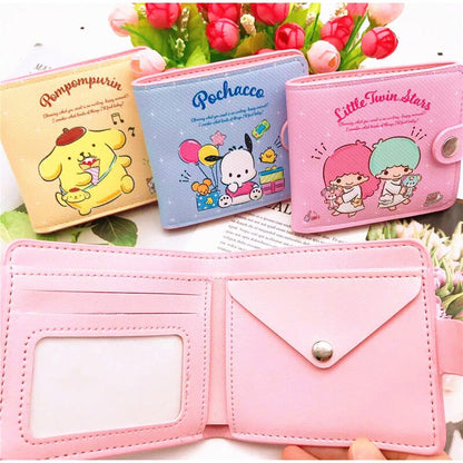 Sanrio Hello Kitty Pocketbook My Melody KT Cat Cinnamon Roll Pringle Kuromi PU Leather Wallet Cute Folding Card Bag Female Walle