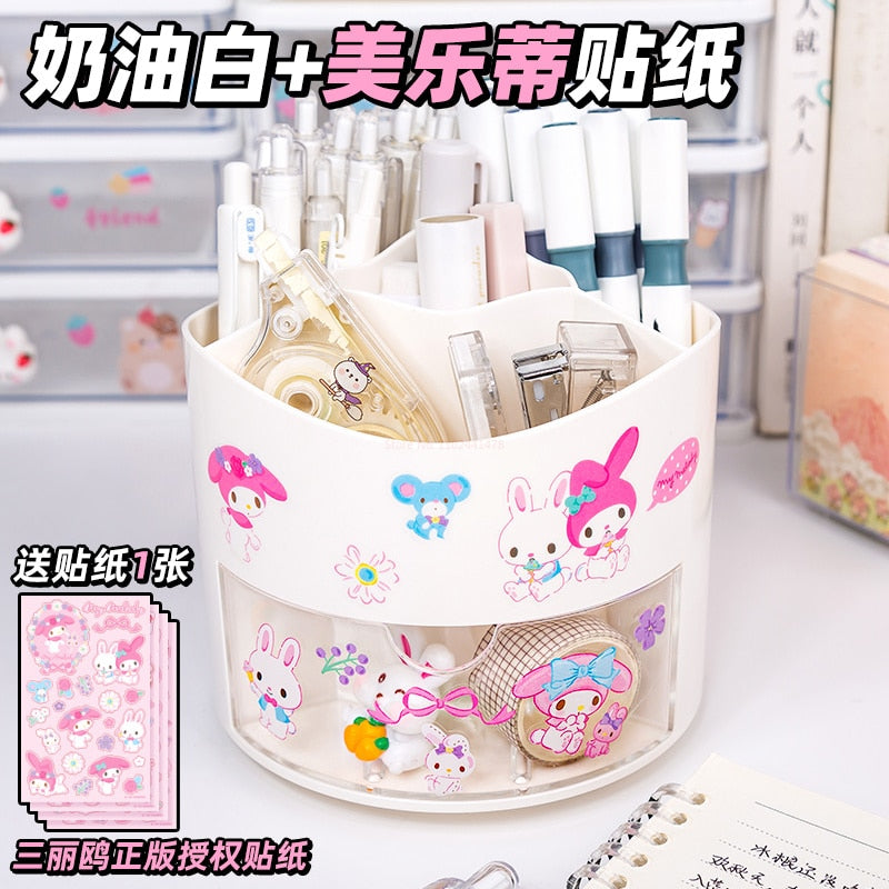 Sanrio Cartoon Rotating Pen Holder Kuromi Melody Cinnamoroll Kawaii Desktop Storage Box Stationery Shop Wholesale