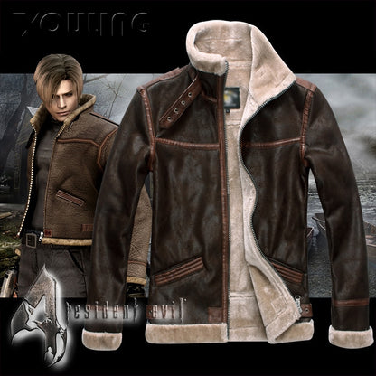 Biohazard Resident Evil 4 Leon S Kennedy Evil Costume Leather Coat Jacket Cosplay PU Faur Jacket Long-sleeve Winter Outerwear Men