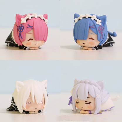 4pcs Re: Zero In A Different World From Zero Anime Action Figures Rem Ram Emilia Echidna 4 Models Cute Cat Lying Position Dolls