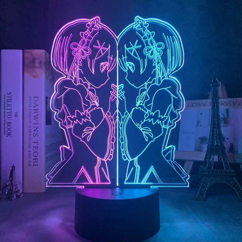 3D LED Night Anime Rem and Ram From Re: Zero Starting Life In Another World Nightlight for Bedroom Decor Birthday Gift Light Lamp