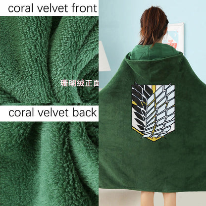 Attack on Titan Wearable Throw Blanket with Hooded for Children and Adults Scout Regiment Plush Anime Thicken Blanket In Winter