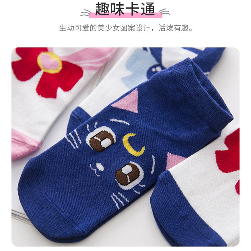 5 pairs Novel original design new products cute Kawaii playful cat  sailor Moon breathable funny women Socks High Quality Sox