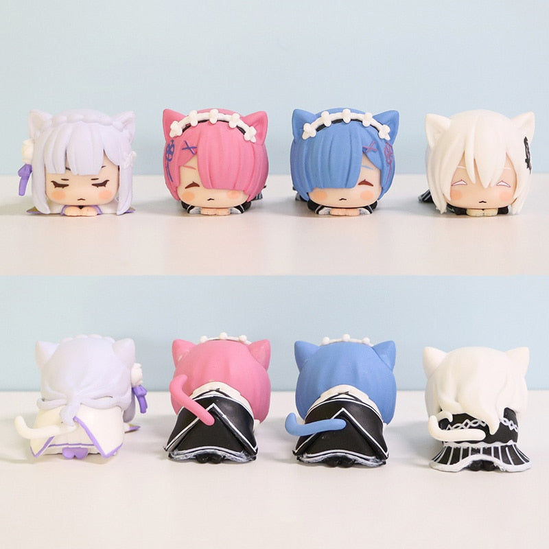 4pcs Re: Zero In A Different World From Zero Anime Action Figures Rem Ram Emilia Echidna 4 Models Cute Cat Lying Position Dolls