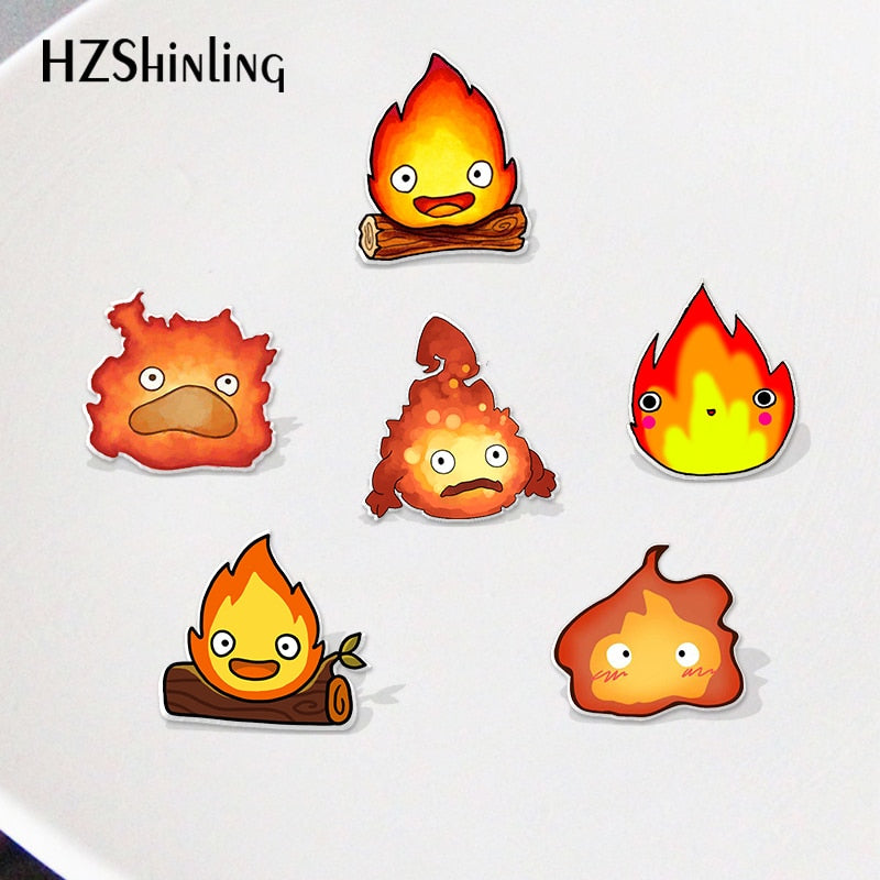 2021 Howls Moving Castle Calcifer Cartoon Fire Pattern Anime Acrylic Lapel Pins Resin Epoxy Studio Ghibli