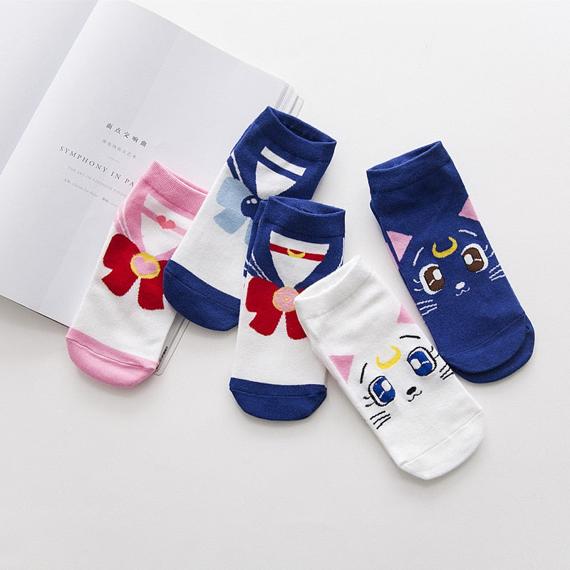 5 pairs Novel original design new products cute Kawaii playful cat  sailor Moon breathable funny women Socks High Quality Sox