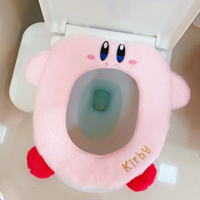 Kawaii Anime Star Kirby Cartoon Plush Winter Warm Toilet Seat Cover Mat Bathroom Toilet Pad Cushion Soft Washable Accessories