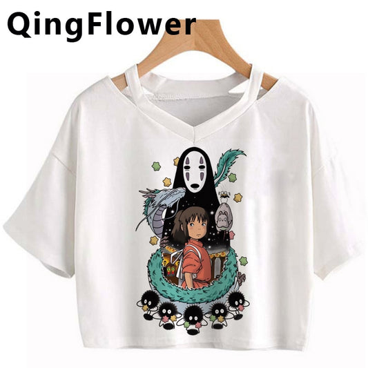 Japanese Spirited Away Hayao Miyazaki Anime Kawaii Print Women Harajuku Aesthetic Tshirt White Tops Anime Female T Shirt