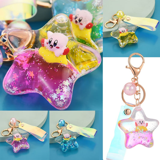 Anime Kawaii Cute Cartoon Kirby Model Toy Acrylic Moving Liquid Quicksand Five-pointed Star Pendant Keychain Holiday Gift