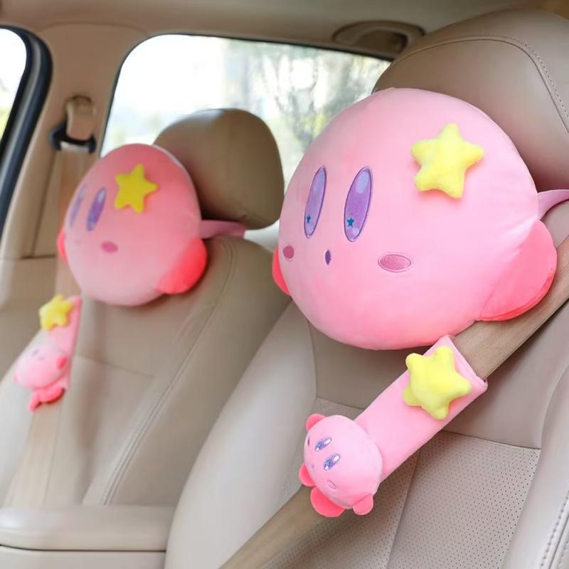 Anime Kirby Plush Car Neck Headrest Pillow Car Accessories Cartoon Kawaii Auto Seat Head Support Neck Protector Seat Belt Covers