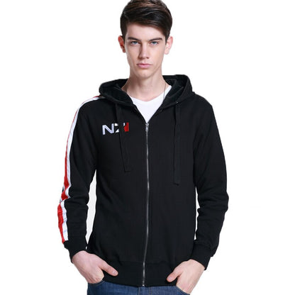 N7 Mass Effect Hoodie Men Black Hood Zip Sweatshirt Unisex Embordery Fleece Winter Anime Cosplay Sweetshirt Cotton Casual M XXXL