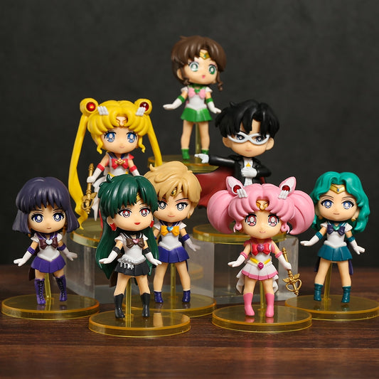 Q Version Sailor Moon Mercury Mars Jupiter Venus Uranus Neptune Pluto Chiba Mamoru PVC Figures Toys Computer Desktop Dolls Set