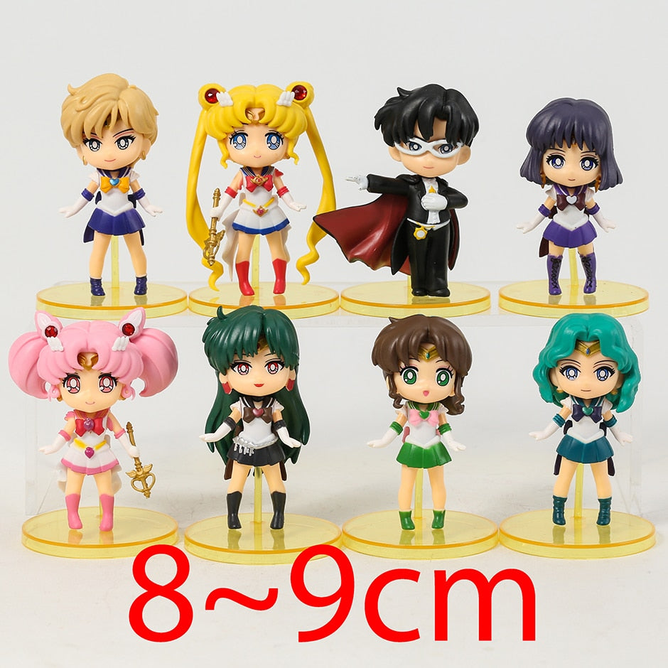 Q Version Sailor Moon Mercury Mars Jupiter Venus Uranus Neptune Pluto Chiba Mamoru PVC Figures Toys Computer Desktop Dolls Set