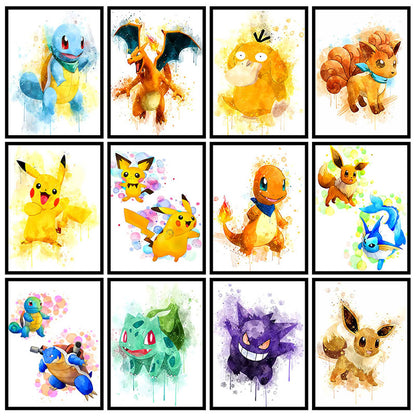 Japan Anime Peripherals Pokemon Pikachu Poster Mural Decoration Cartoon Wall Art Water Colours Canvas Painting Baby Kids Gifts