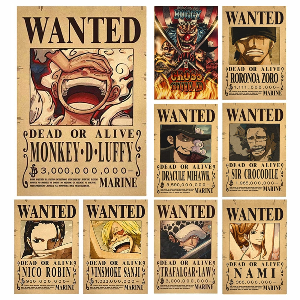 New Anime One Piece Bounty Wanted Posters 4 Emperors Kid Action Figures Vintage Living Room Wall Decoration Stickers Poster Toys