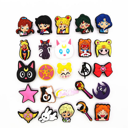 25pcs a Lot Japanese Anime PVC Shoe Charms Mix Sailor Moon Shoe Accessories Clog Decorations for croc jibz Kids Party X-mas Gift